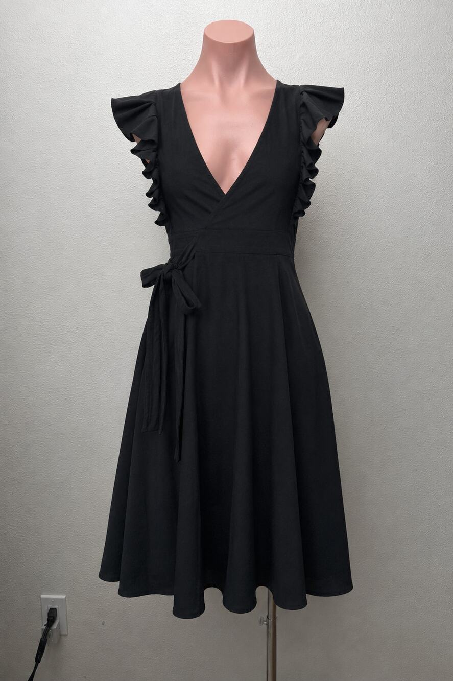 Subtropicalia Black Vera Ruffle Sleeveless Wrap Dress S